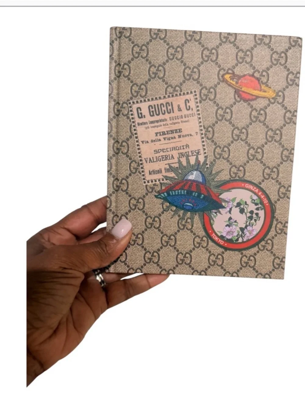 Gucci Beige Monogram Notebook with Colorful Planet and Floral Patches